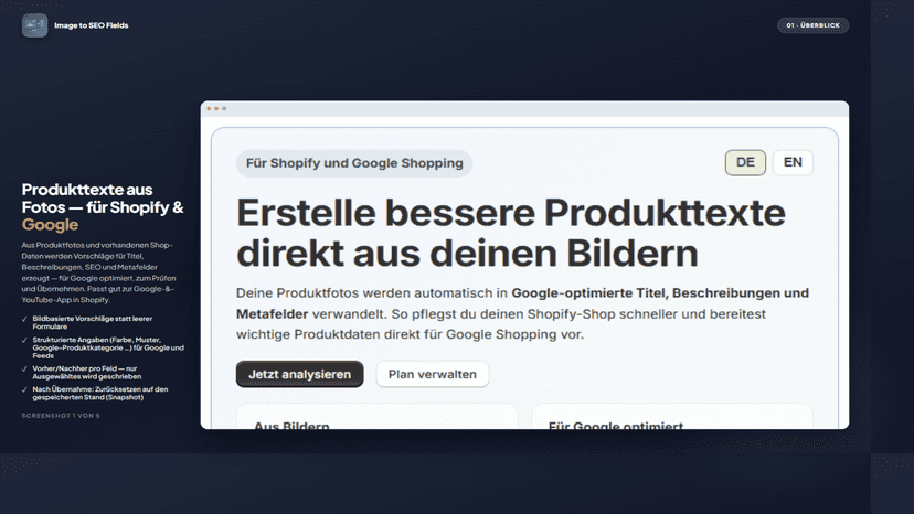 Eingebettete App: Startseite mit Hero zu Produkttexten aus Fotos