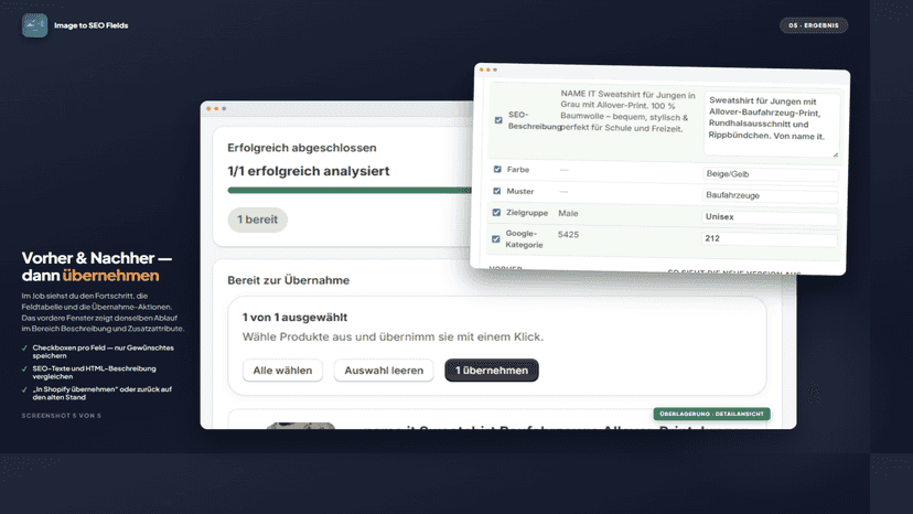 Abgeschlossener Analyse-Job: Fortschritt und Google-Hinweis