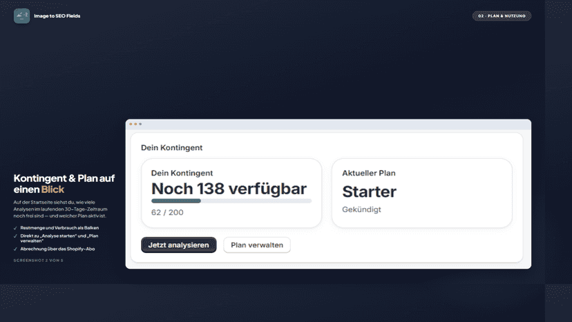 Startseite: Kontingent-Karte mit verbleibenden Analysen