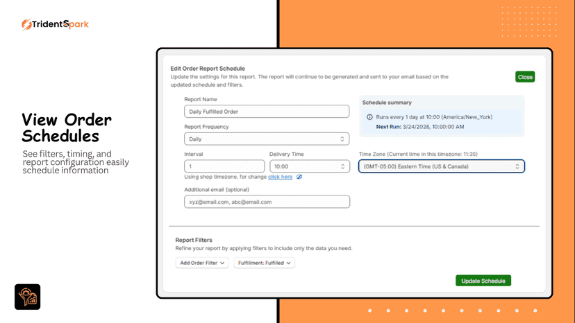 View your scheduled order reports for any quick changes