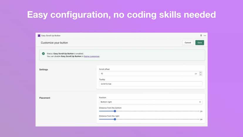 easy scroll up button - easy configuration, no coding required