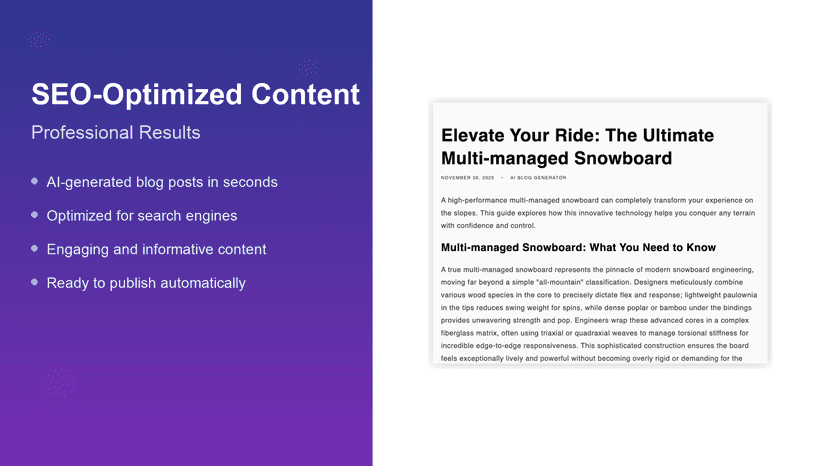 AI-generated SEO blog post preview about snowboards