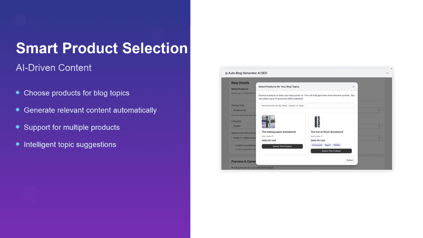Smart product selection dialog for AI blog topic generation