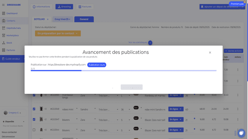 Publication en course entre l'app dresskare et boutique shopify