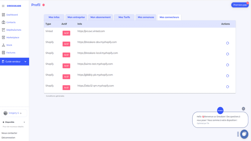 Connexions shopify actives