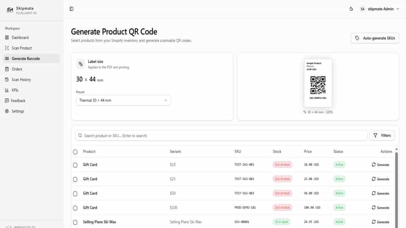 Barcode and QR label generator with custom label sizes