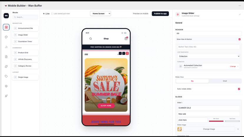 Drag-and-drop builder with live phone preview of the home screen