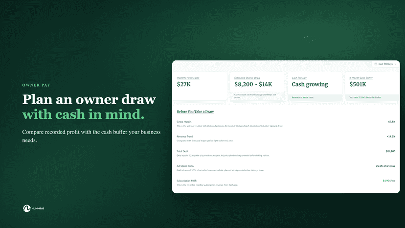 Owner Draw Guide showing an estimate and cash buffer check