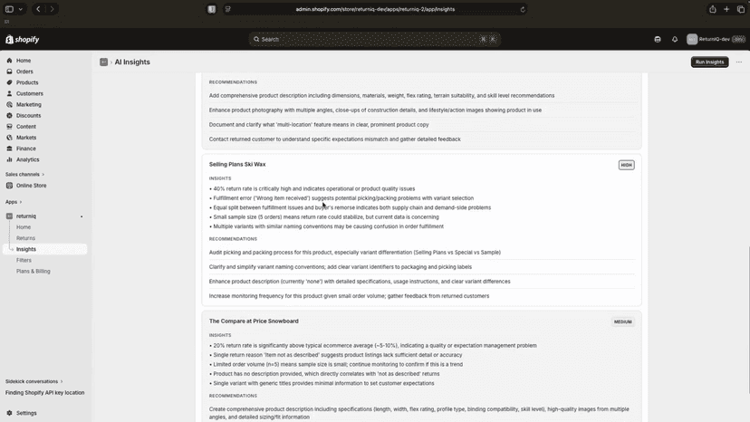 AI Insights showing return reasons and recommendations.