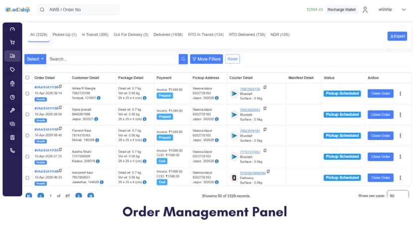 Orders listing page
