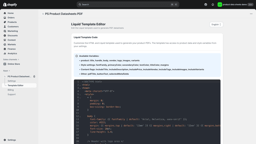 PS product datasheet pdf app liquid editor preview