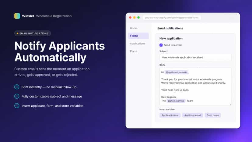 Winslet Wholesale Registration email notifications panel