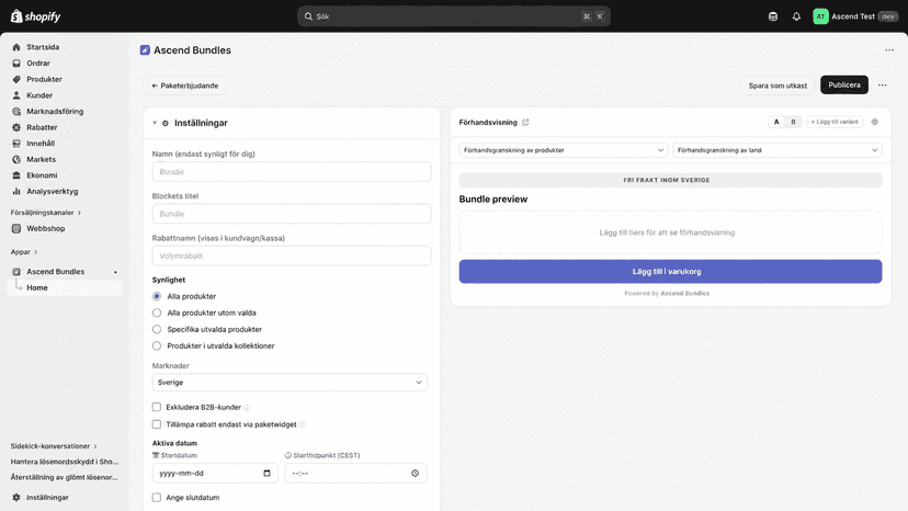 Minimal Shopify bundling app UI mockup with pricing tiers