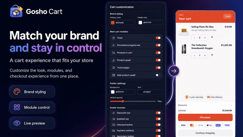 Cart styling controls with live branded cart preview