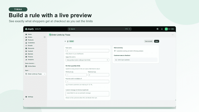 Rule editor with a live preview of the checkout limit