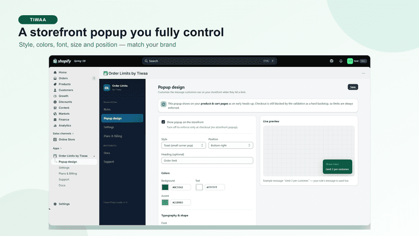 Customizable storefront popup design with live preview
