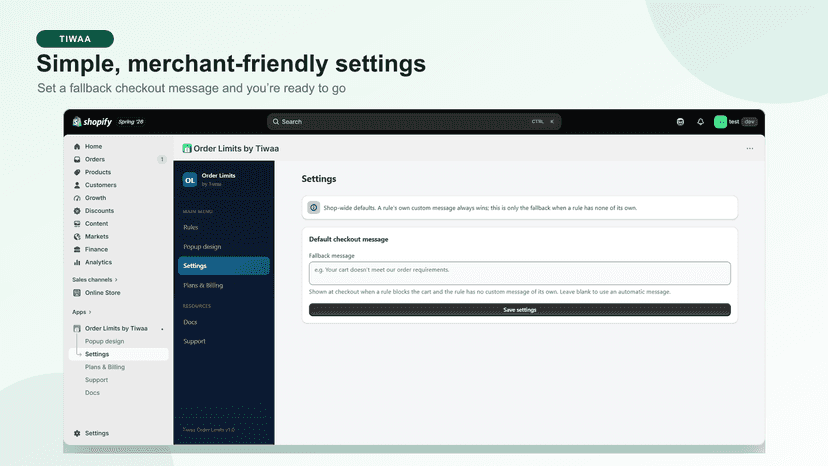 App settings for the default checkout message