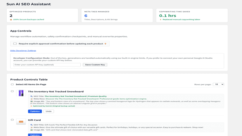 App configuration dashboard showing custom developer API setup.