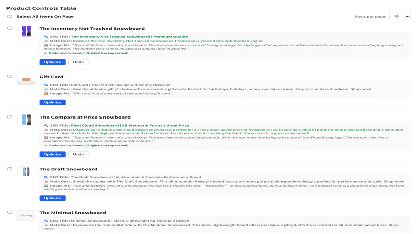 Main app table listing products with live generated AI SEO tags.