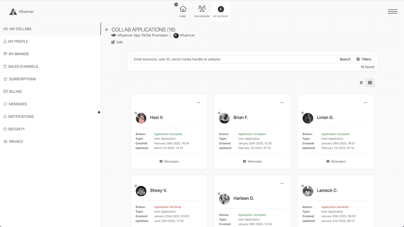 Review influencer applications and accept or decline