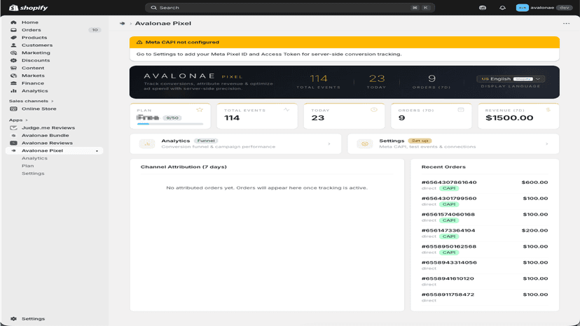 Dashboard with event stats, revenue attribution, and order track