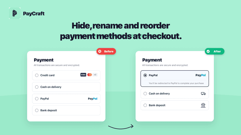 PayCraft feature banner: Customize your checkout payments