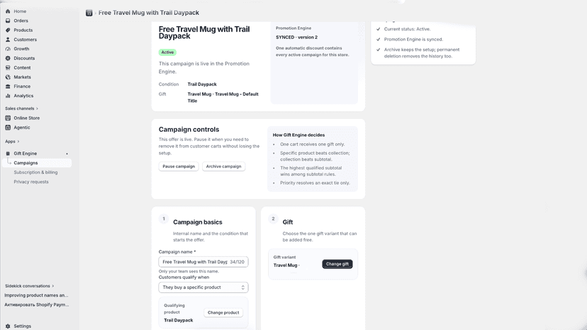 Product campaign editor with trigger product and gift selected