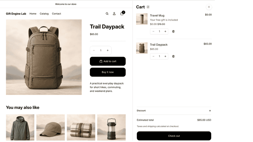 Cart showing an automatic gift added to the order