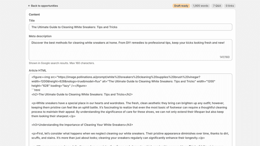 Draft editor: title, meta, HTML, and rendered preview
