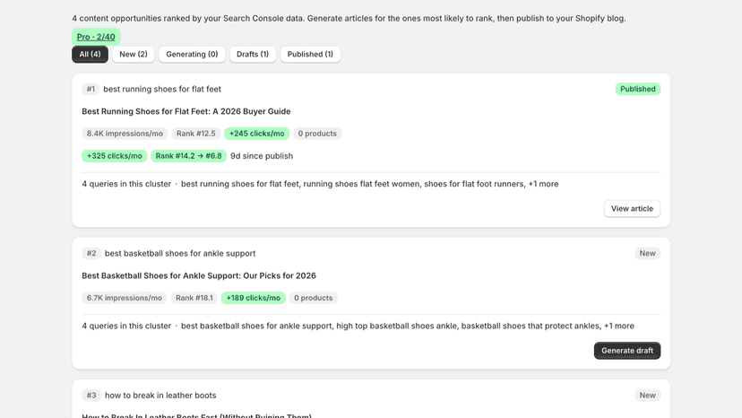 Content calendar with ranked SEO opportunity cards