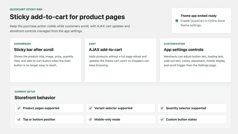 Sticky add to cart bar with AJAX cart updates and customization