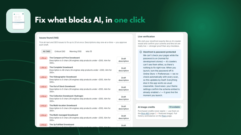 Issues list with one-click fixes and live verification