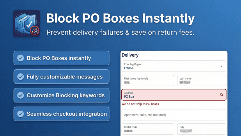 PO Box Blocker App features banner with checkout screen.