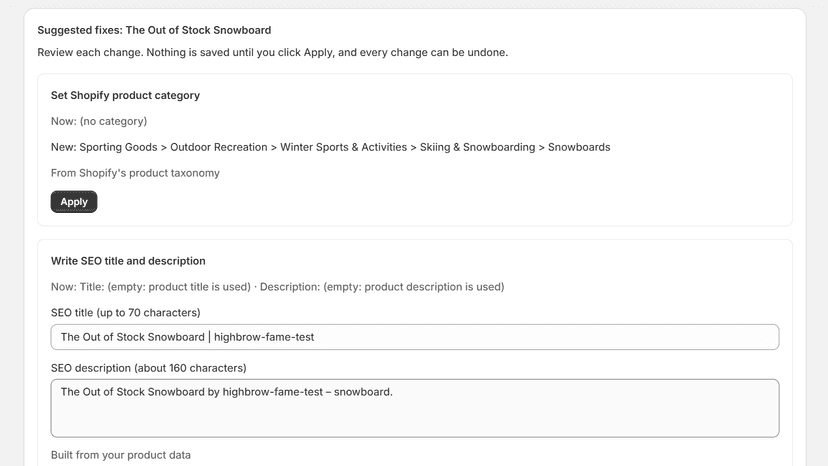 One-click fixes with preview: product category and SEO text