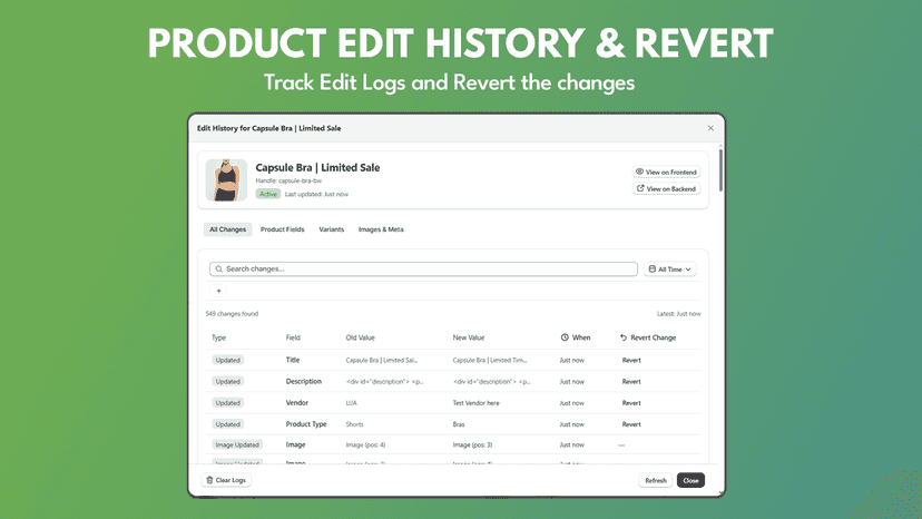 Product Change History & Revert product changes