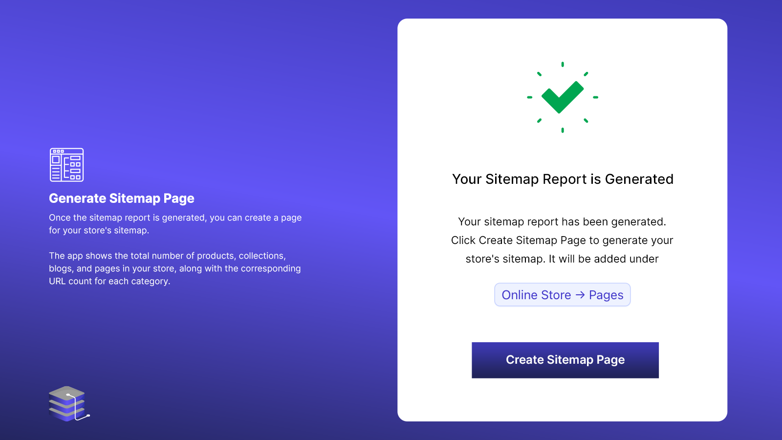 Sitemap report generated confirmation screen