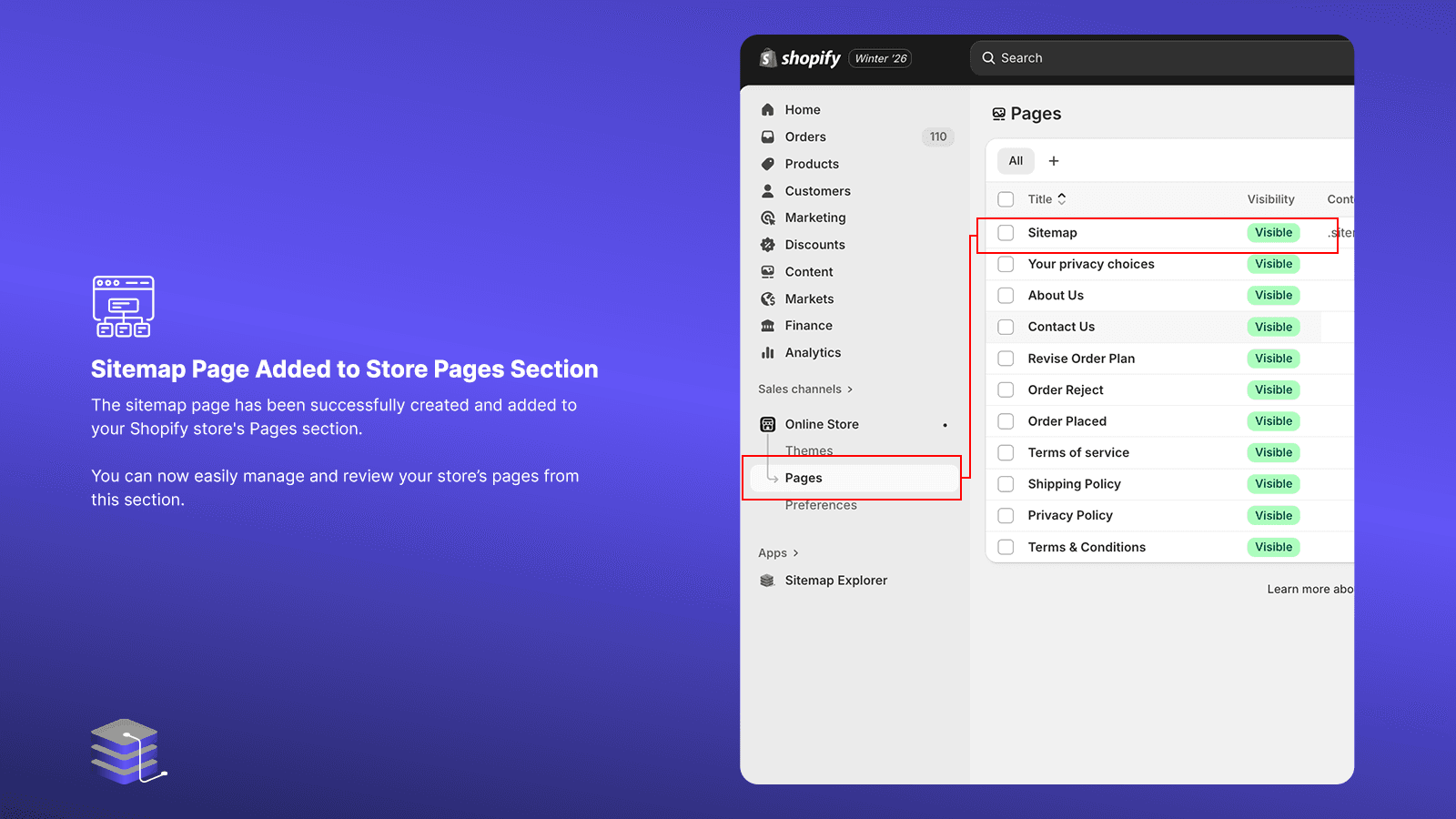 Shopify admin page list showing sitemap page added