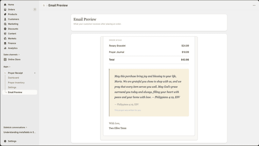 Full prayer email with order details and prayer