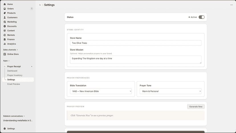 Settings with status toggle and prayer preferences