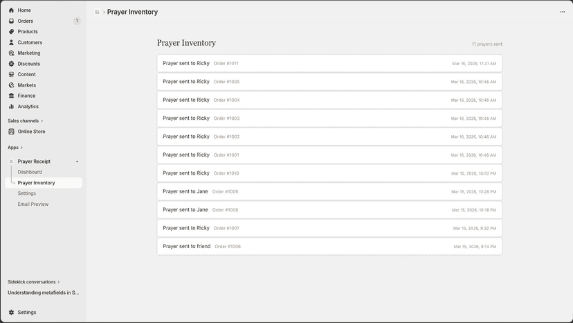 Prayer Inventory listing all sent prayers by date