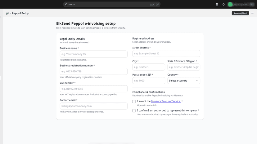 Onboarding form to enter Peppol business details