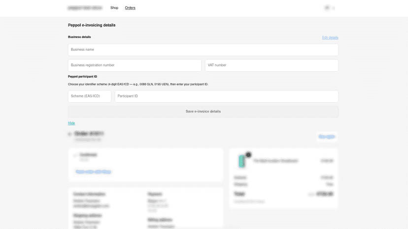 Order status page form for Peppol e-invoicing details