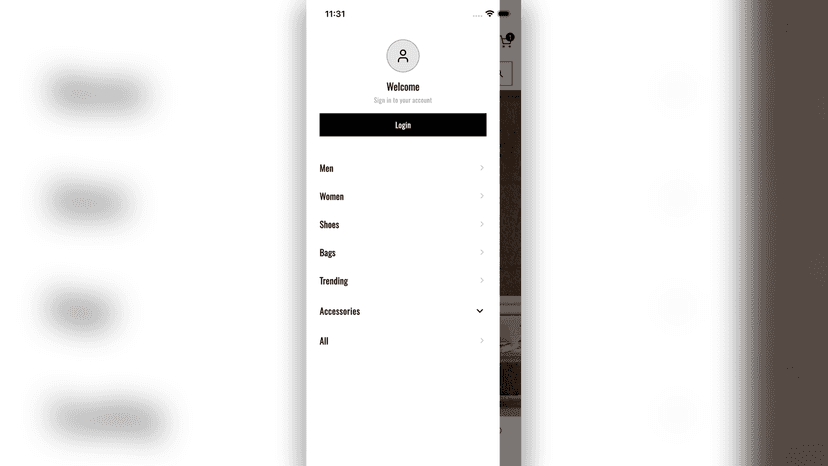 Fashion app side menu with login and categories
