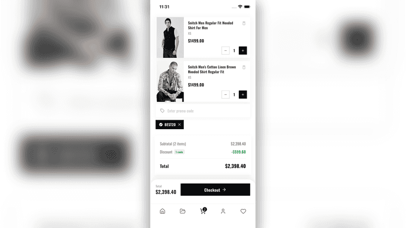 Shopping cart screen with discount and checkout