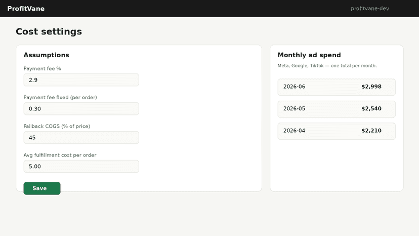 Cost settings for fees, fulfillment and monthly ad spend