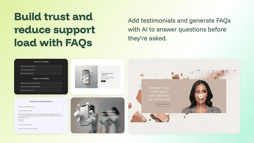 Add testimonials and generate FAQs with AI to answer