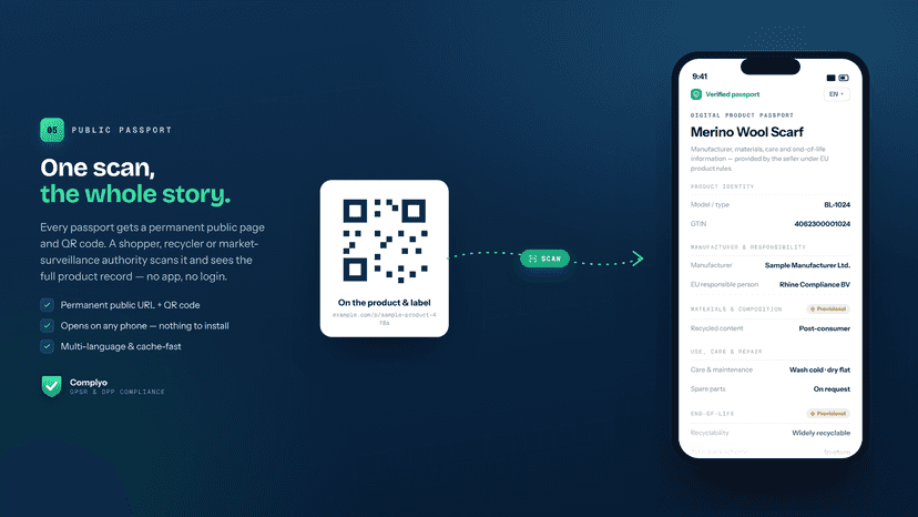 QR code and the public product passport on a phone