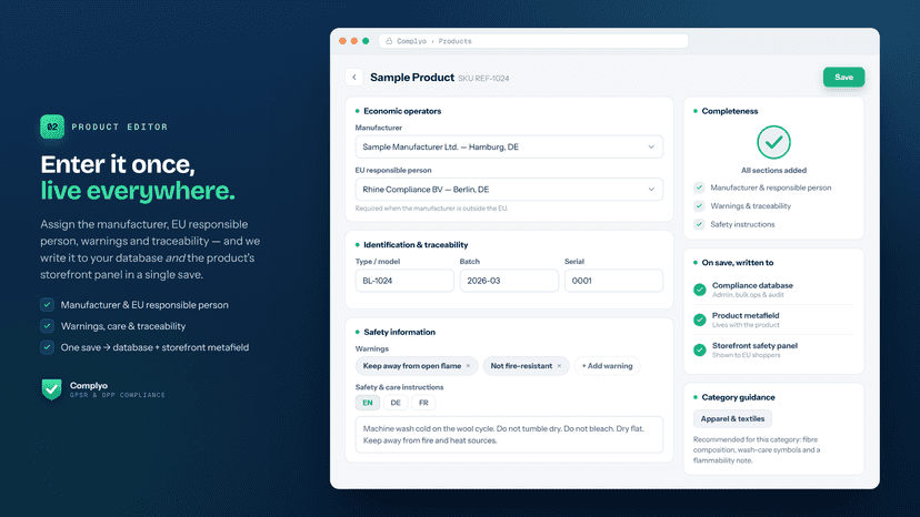 Product compliance editor with manufacturer and safety fields