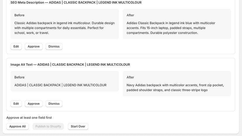 Before and after AI-generated SEO content for a Shopify product