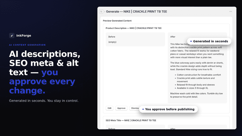 Preview AI-generated descriptions and SEO before publishing